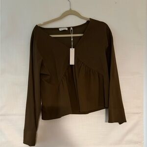 Rebecca Taylor Olive Brown V-Neck Long-Sleeve Top